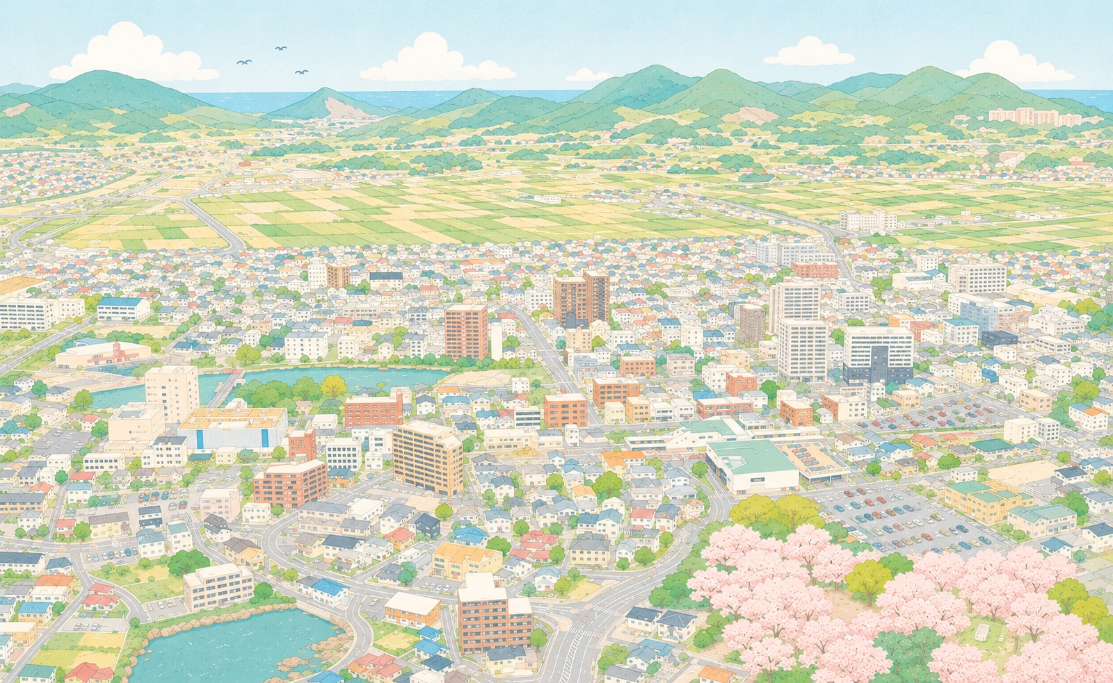 い〜とmoが使われている糸島の街を見下ろしたイラスト